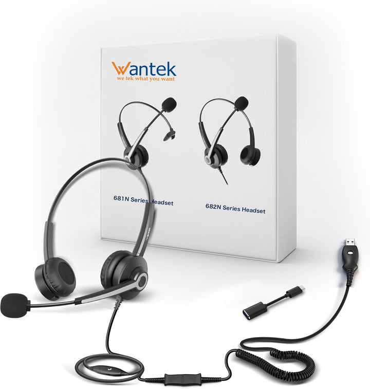 Wantek USB Headset mit Mikrofon für PC Laptop Büro, USB Stecker Typ-C Adapter Für Call Center Online