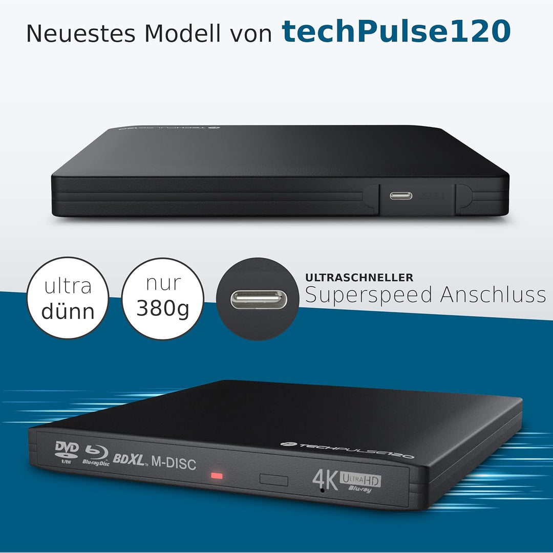 techPulse120 externes USB 3.1 Typ-C UHD HDR 4k 3D MDisc BDXL Laufwerk Bluray Brenner Burner Superdri