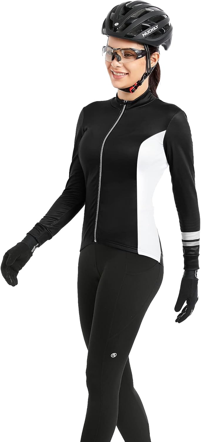 NUCKILY Fahrradbekleidung Set Damen Radtrikot Langarm Winddicht Damen Thermische Fleece mit 3D Polst