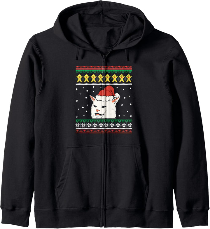 Frau schreien auf Verwirrte Katze Meme hässliche Weihnachten Kapuzenjacke