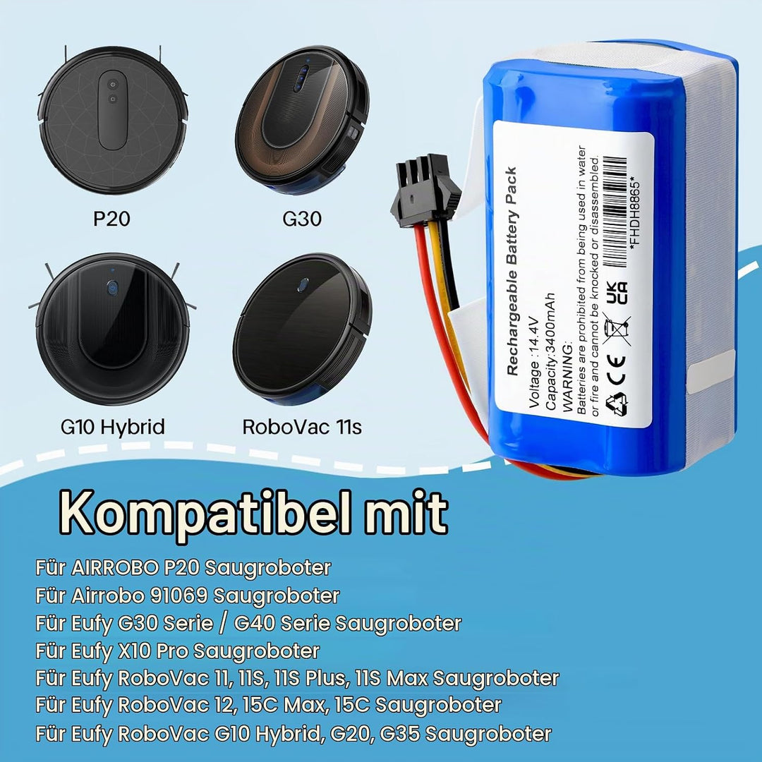 K KYUER 14.4V Rechargeable Akku für AIRROBO P20 Robot Vacuum Cleaner RoboVac Battery 3400mAh