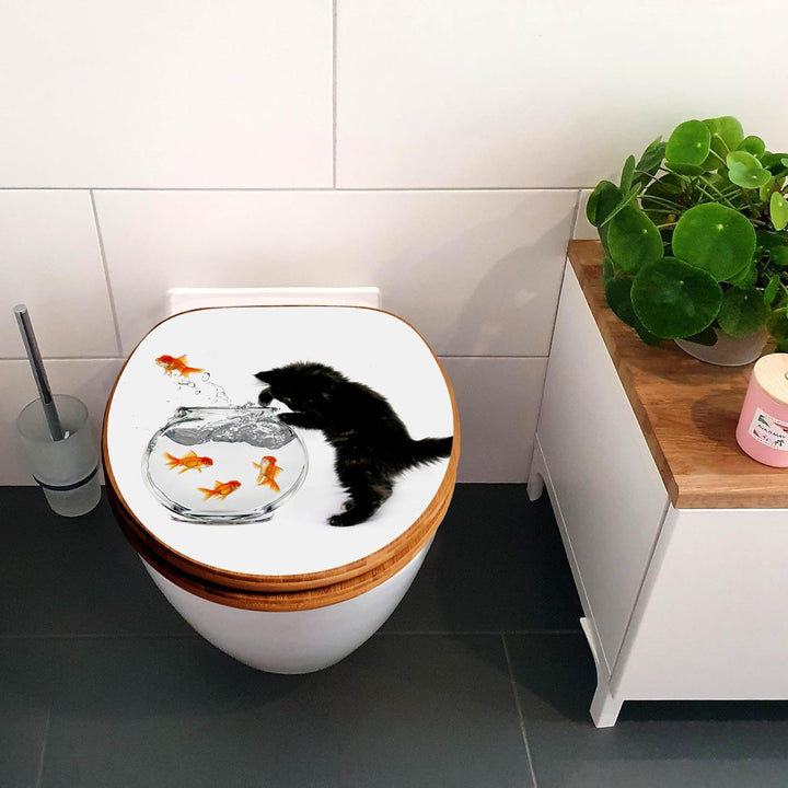 banjado® Design WC Sitz Bambus Absenkautomatik mit Motiv Katze Und Fisch/Toilettendeckel mit Absenka