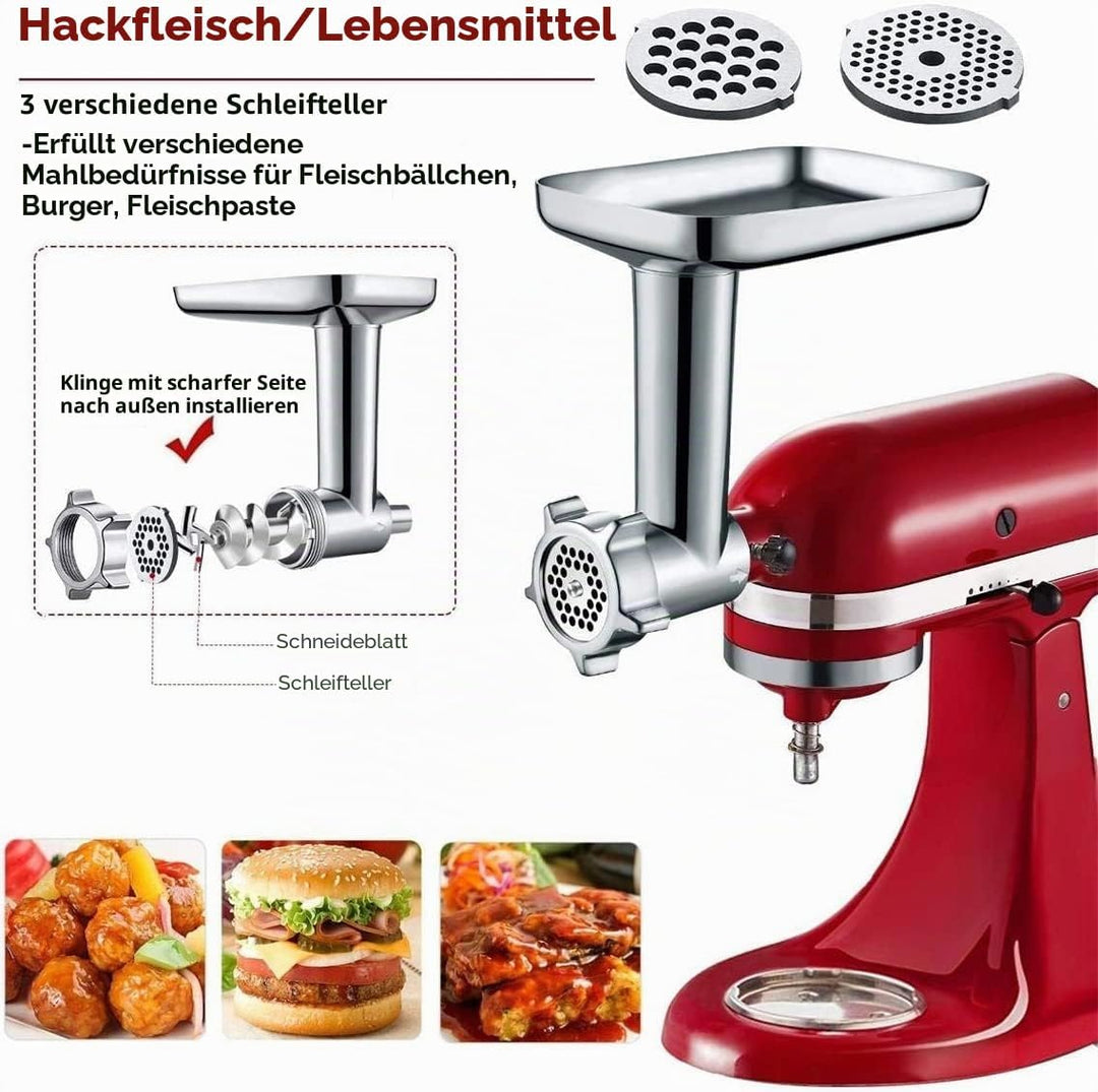 Fleischwolf Aufsatz für Kitchenaid Standmixer Inklusive 3 Wurstfüllhörner 2 Schleifklingen 4 Mahlsch