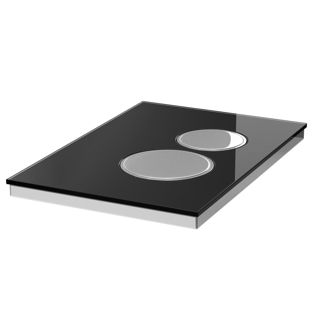 Drücker- & Betätigungsplatte passend für Geberit Delta (Glas, schwarz, chrom Ringe+Tasten) | sw-glas