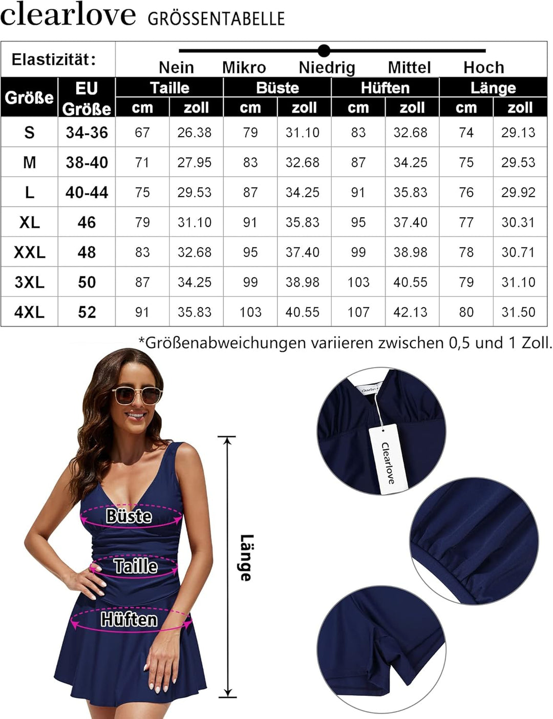 Clearlove Damen Badeanzug Einteiler Schwimmanzug Rüschen Retro Strandmode Einfarbig Bademode Bikini（