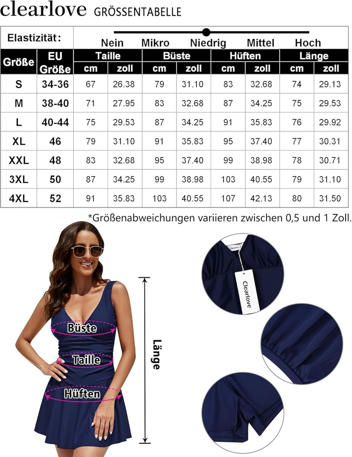 Clearlove Damen Badeanzug Einteiler Schwimmanzug Rüschen Retro Strandmode Einfarbig Bademode Bikini（