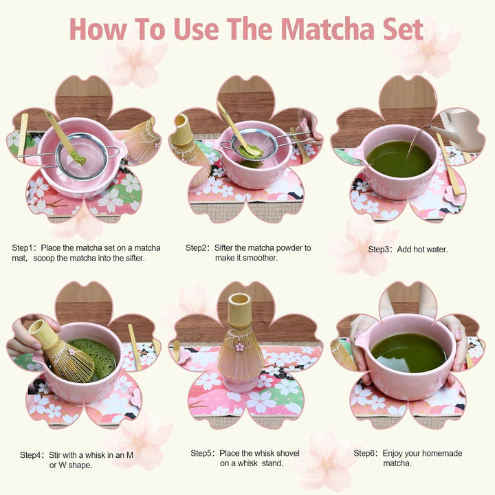 Matcha Set- 8 Stück Macha Tea Set mit Besen, Filtersieb, Schale,Löffel Teetuchunterlage,Geschenkset