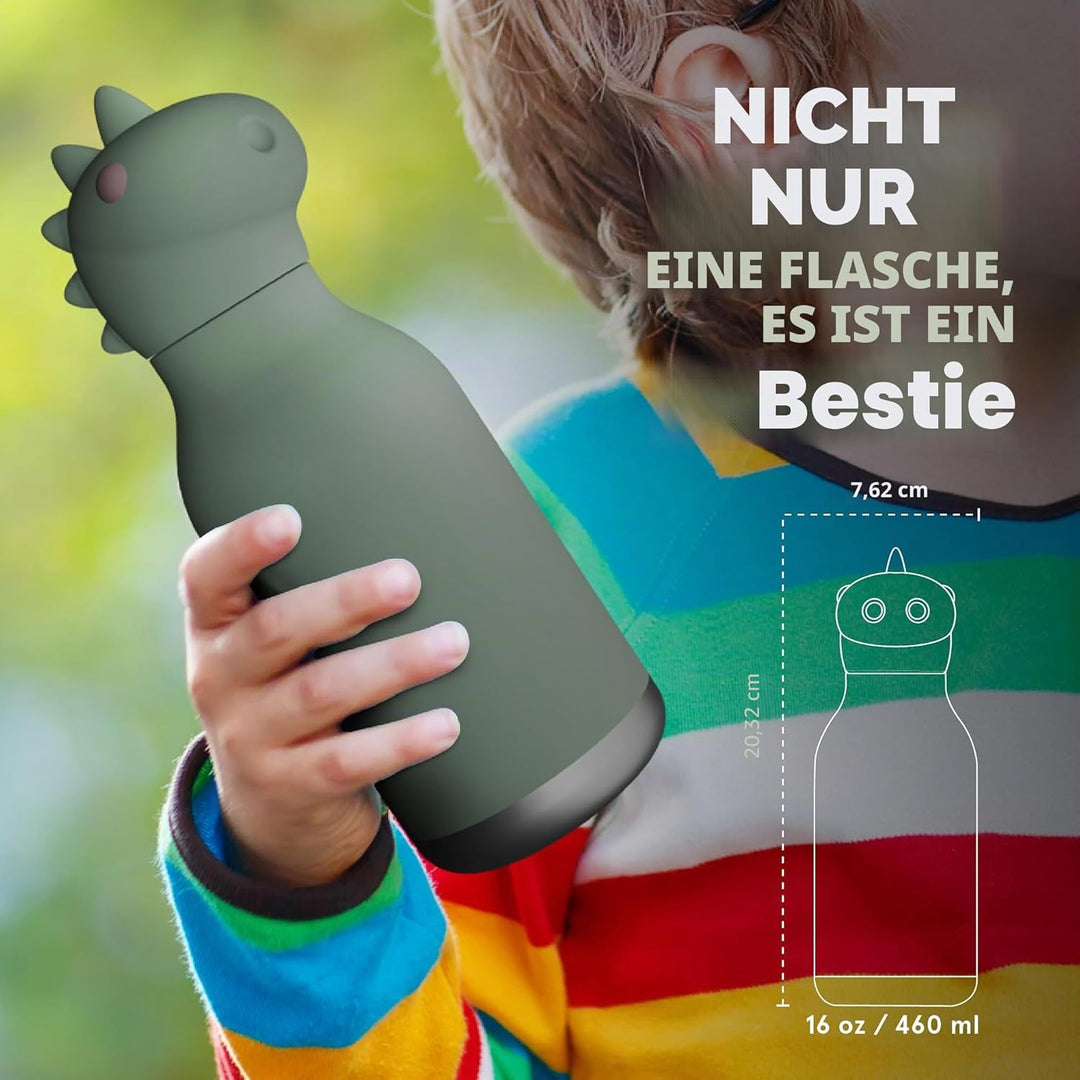 ASOBU Bestie Kindertrinkflasche mit Strohhalm – Isolierte Edelstahlflasche 420ml mit Dino-Kopf – Aus