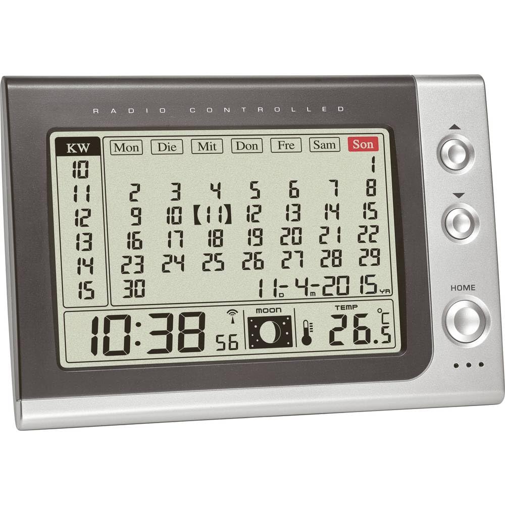 TFA Dostmann Funk Wecker mit Monatskalender, 60.2529.54, Anzeige der Innentemperatur/Mondphase, 18,2