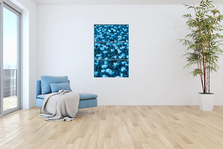 buntes Blumenfeld Effekt: Zeichnung Format: 3-teilig 120x80, Motiv fertig gerahmt auf Echtholzrahmen