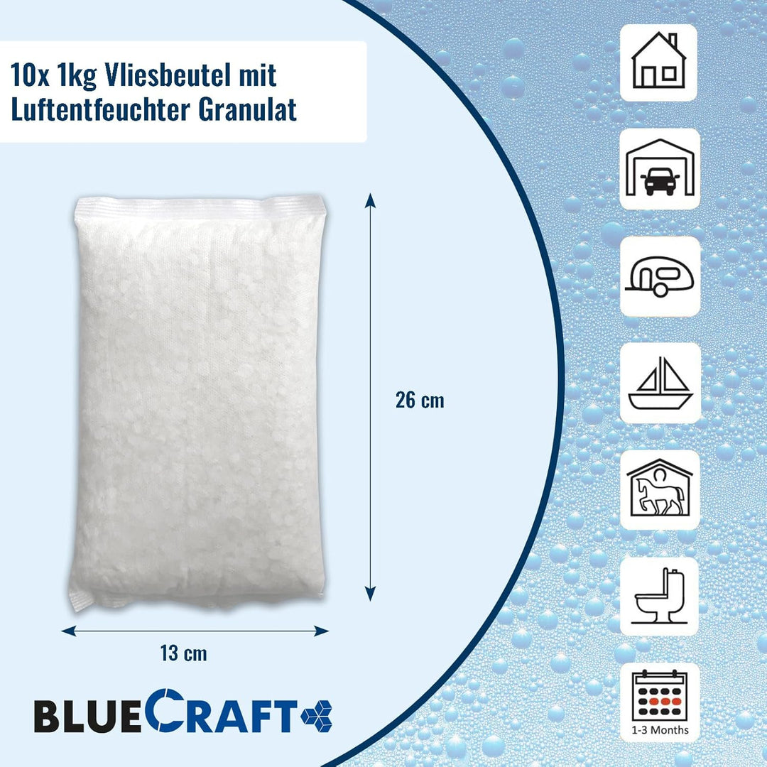 Bluecraft - 10x 1 kg Luft-Entfeuchter Granulat im Vliesbeutel Nachfüllpack Raumentfeuchter ohne Stro