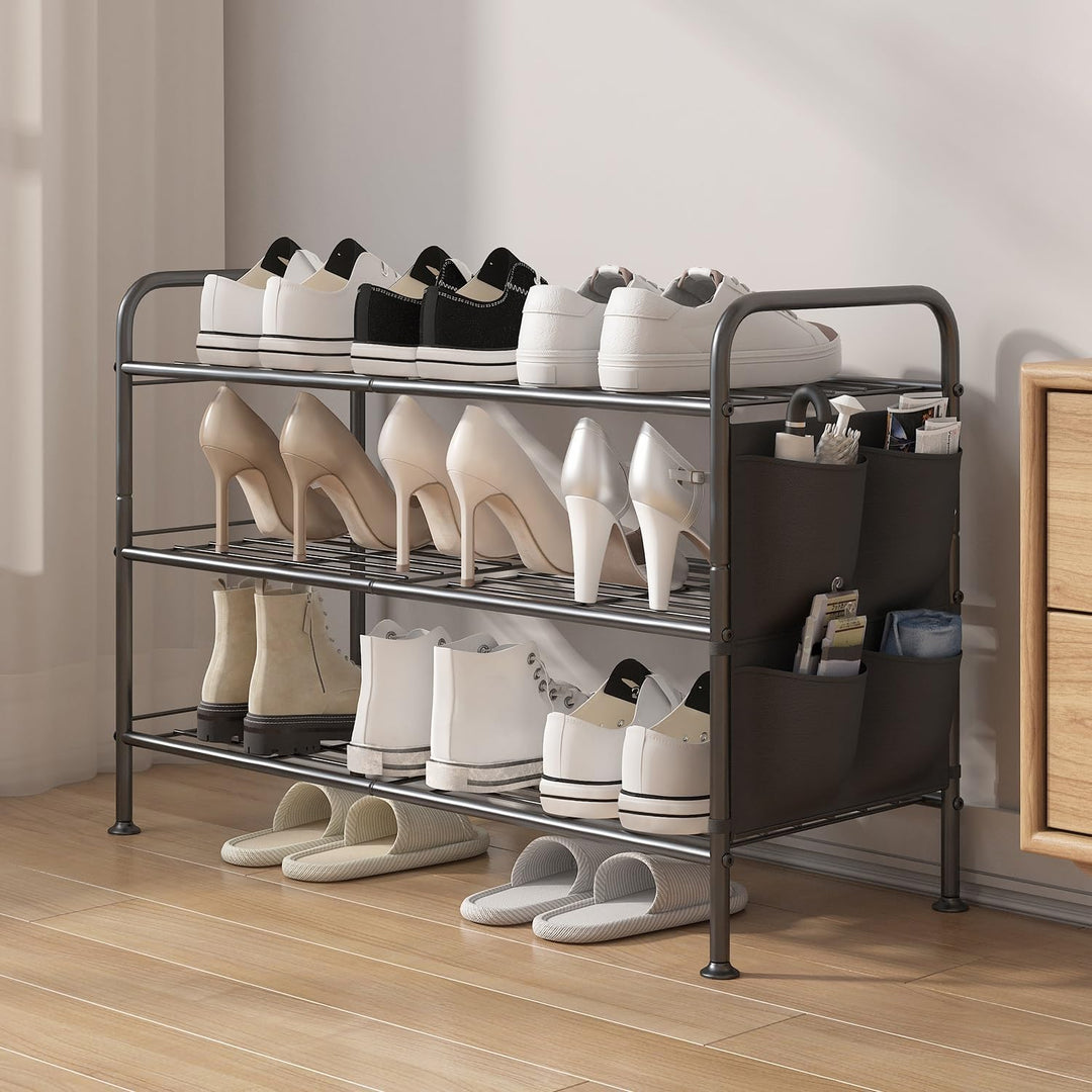 Schuhregal 3 Ebenen Schuhaufbewahrung Organizer Metall mit Seitentaschen für Flur, Schlafzimmer Schw