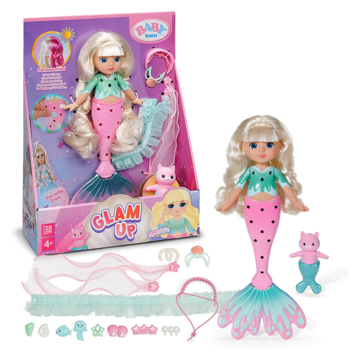 Baby Born Glam Up Sparkle, Meerjungfrau mit Langen blonden Haaren mit UV-Farbeffekt, zum Stylen mit