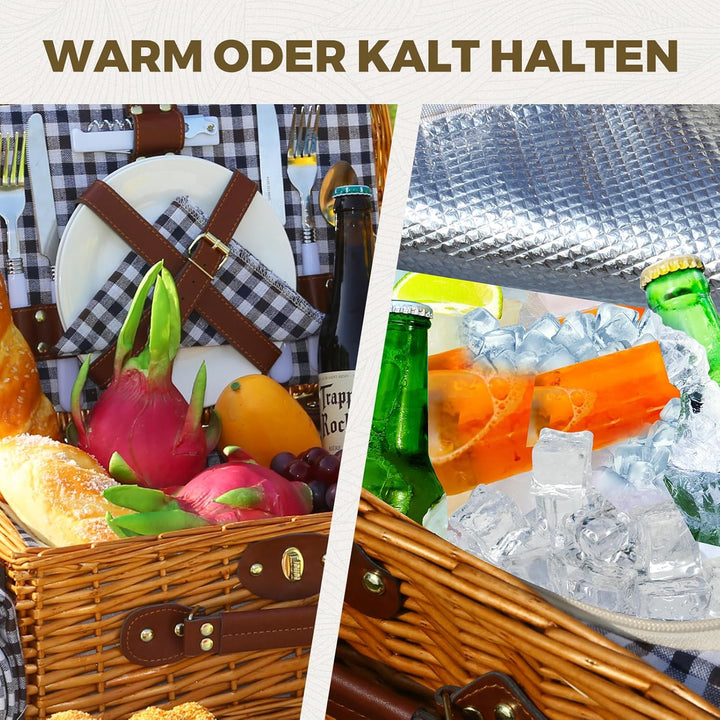 Picknickkorb Set für 2 Person mit Kühlfach, Abnehmbarer Riemen, Weinbeutel, Besteck Set, für Camping