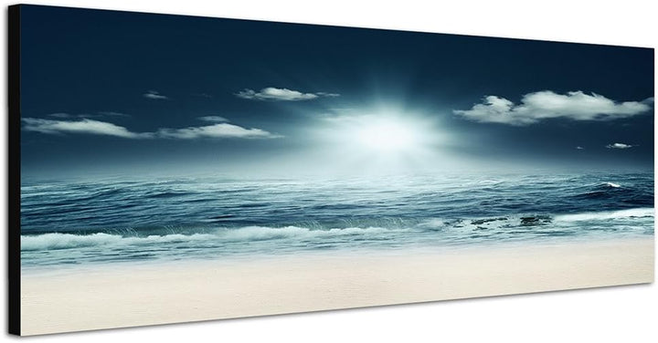 Paul Sinus Art Panoramabild auf Leinwand und Keilrahmen 150x50cm Strand Meer Wellen Licht Nacht abst