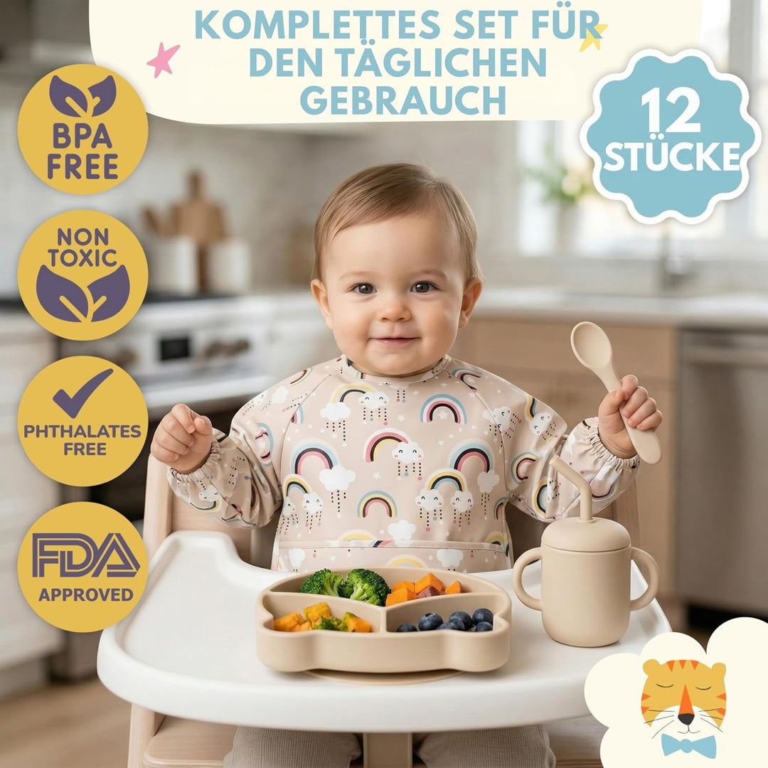 Baby Geschirrset | 12 Stücke | Baby Teller Set | Baby Geschirrset mit Saugnapf | Baby Geschirr | BPA