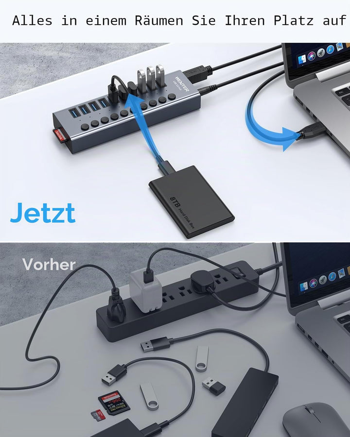 Powered USB 3.0 Hub, Wenter 10 Ports 36W USB Hub Aktiv, Aluminium USB Splitter mit individuellen EIN