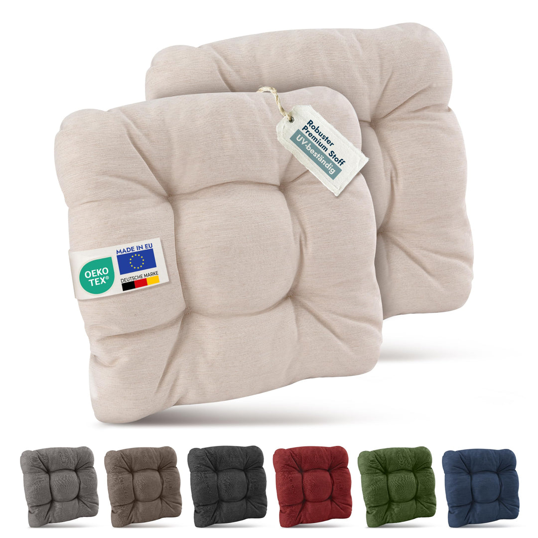 Beautissu 2er Set Premium Stuhlkissen 40x40 cm Natur – UV-beständig &amp; Robust Sitzkissen Outdoor 8 cm