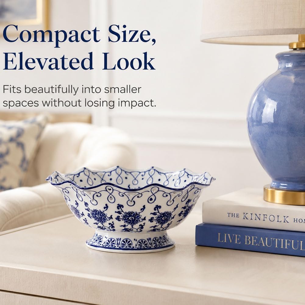 Chinoiserie Obstschale, Keramik, dekorativ, Blau und Weiss 9.4 Inch, 9.4 Inch