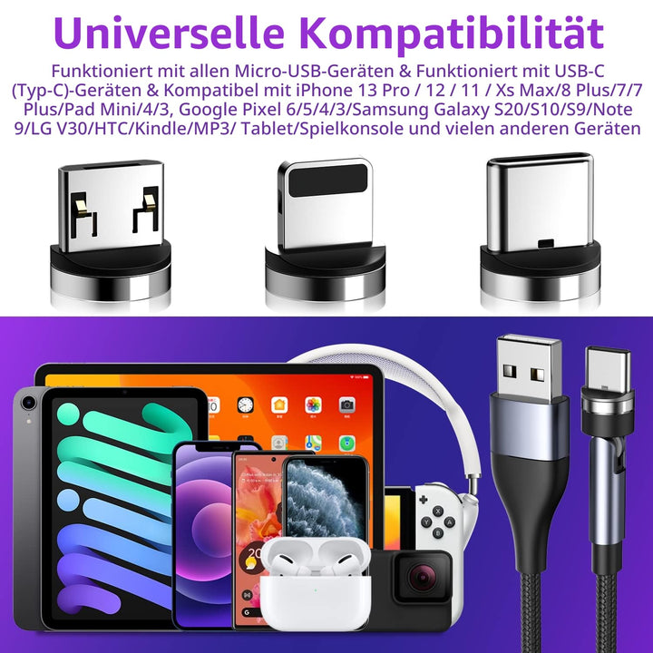 Magnetisches Ladekabel mit-Drehung, 3er-Pack [3ft/6ft/10ft], 3-in-1-Magnetladekabel, 3A-Schnellladek