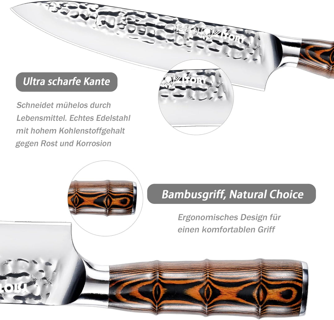 Kitory Kochmesser 20cm, Profi Chefmesser mit gehämmerter Klinge, Bambusförmiger Griff, Deutscher HC