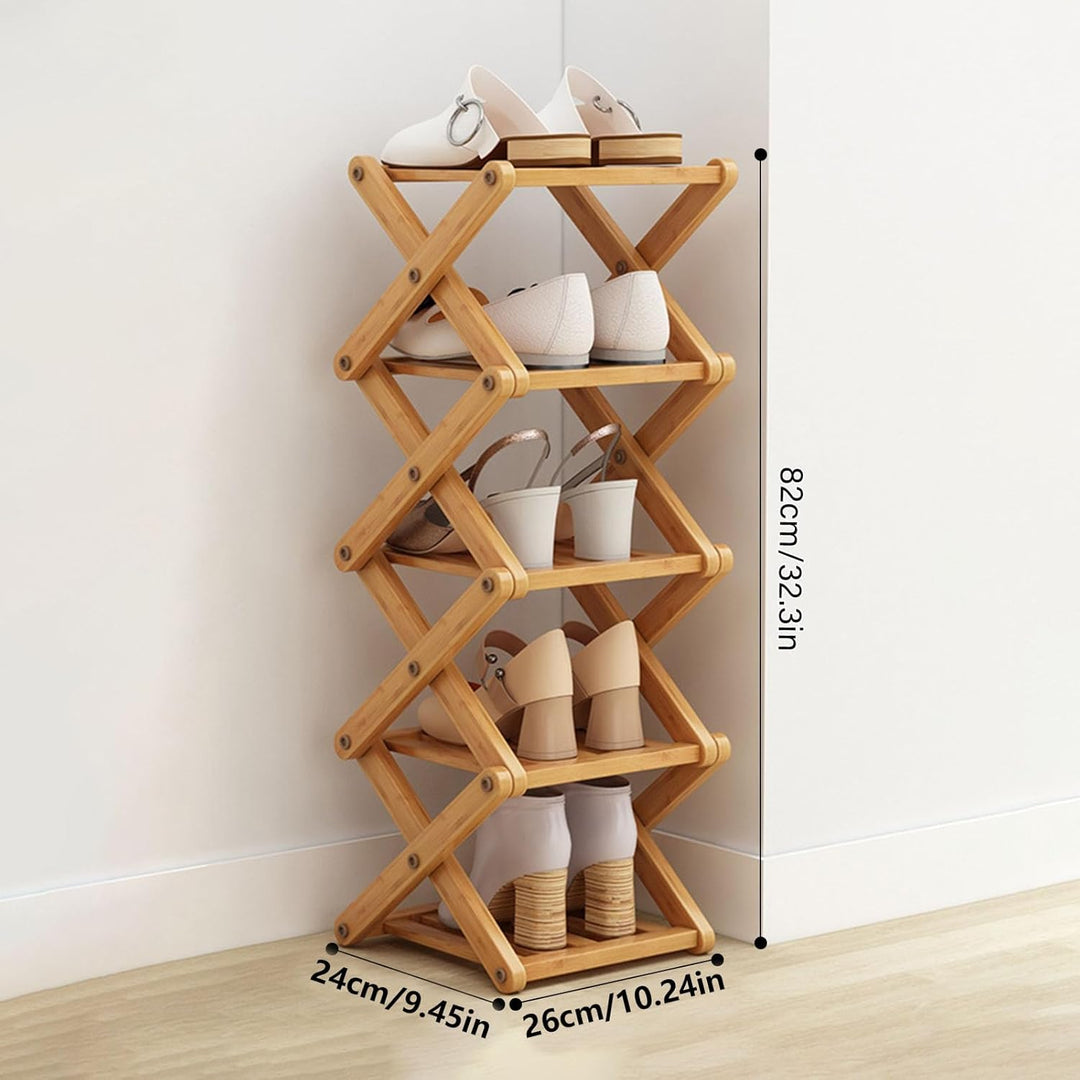 5 Etagen Faltbares Schuhregal aus Bambus, 26 * 24 * 82cm Schuhregal Holz Schmal Zusammenklappbar Bam