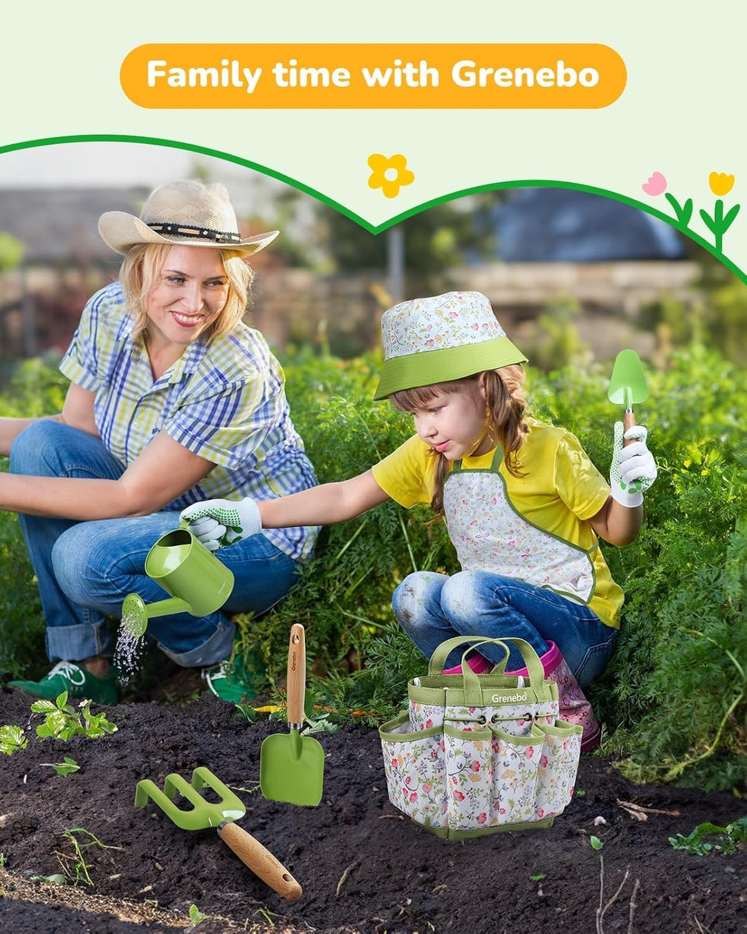 Grenebo-Gartenspielzeug für Kinder, inklusive Metallkelle, Pflanzschaufel, Gartenhut, Rechen, Schürz