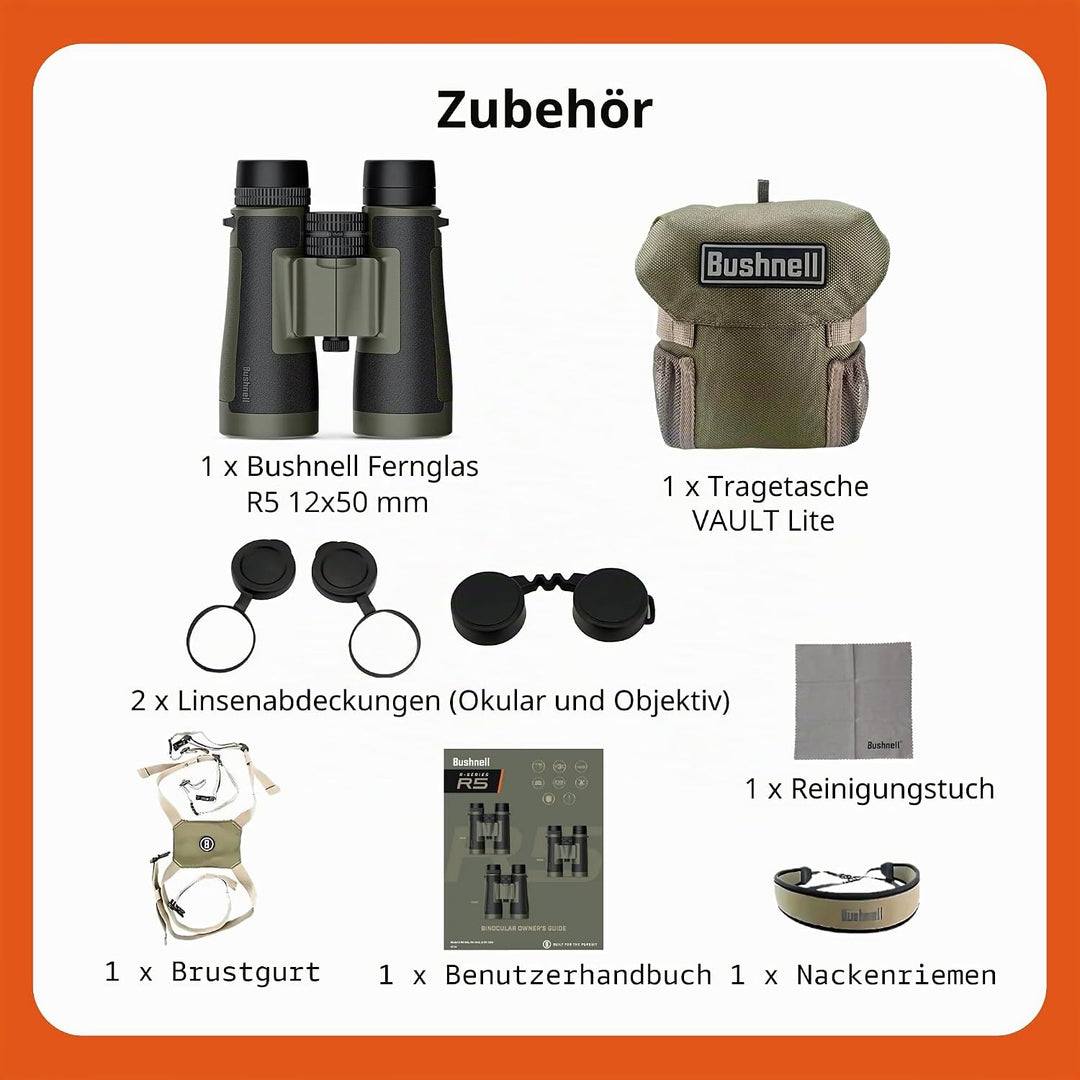Bushnell R5 12x50 Fernglas mit Vault Lite Bino Brustgeschirr, Phase 3 Beschichtungen, Dielektrische