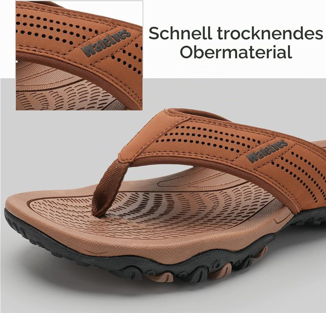 WateLves Herren Flip Flops Zehentrenner Leder mit Arch Support Sandalen Weich Leder Stoff Badelatsch