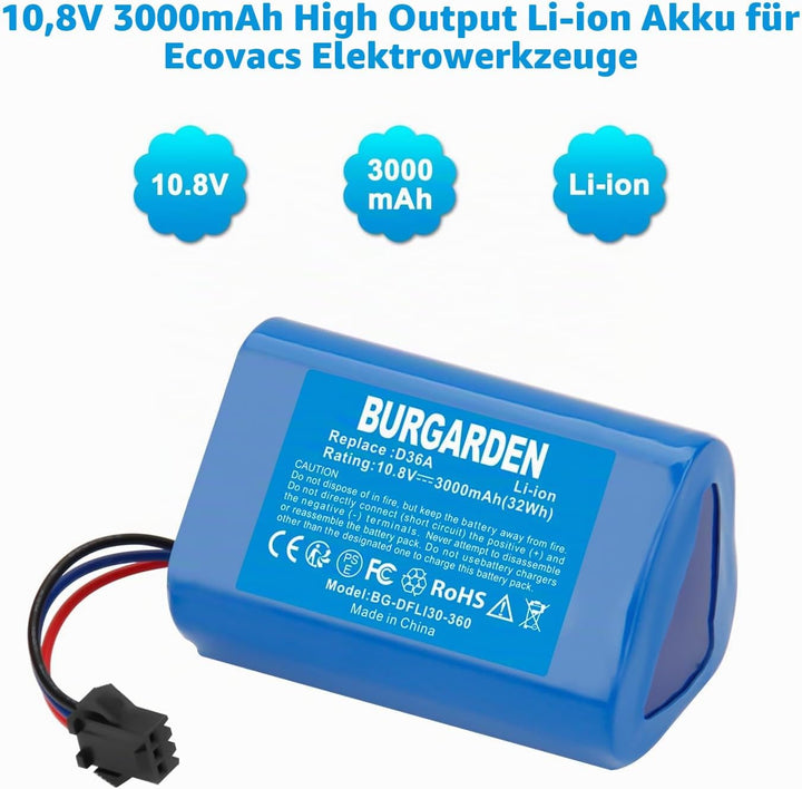 BURGARDEN 10.8V 3000mAh Li-ion Ersatzakku für Ecovacs D36A D36B D36C D36E DA60 DA611 DB35 Deebot Sli