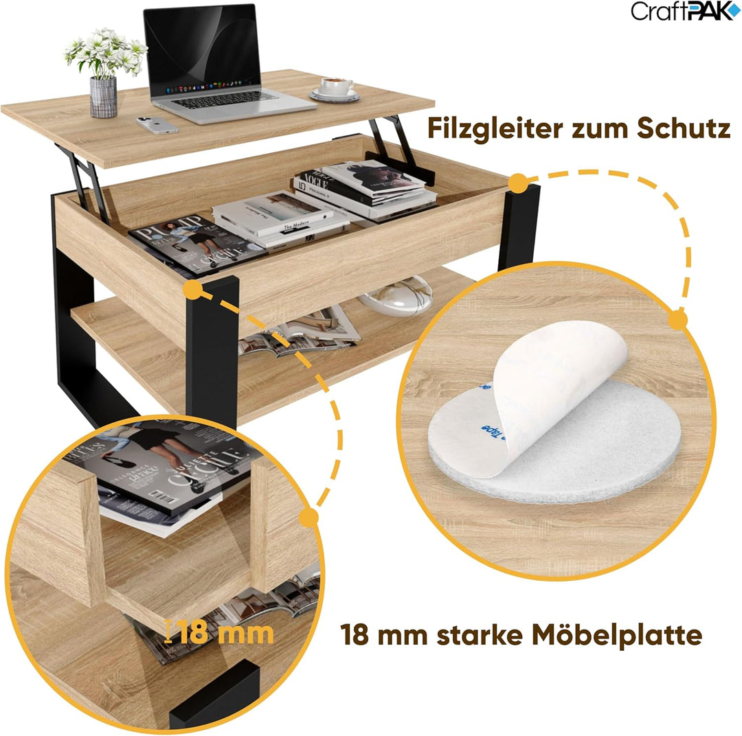 Couchtisch höhenverstellbar mit Stauraum - Couchtische - Wohnzimmertisch klappbar - höhenverstellbar