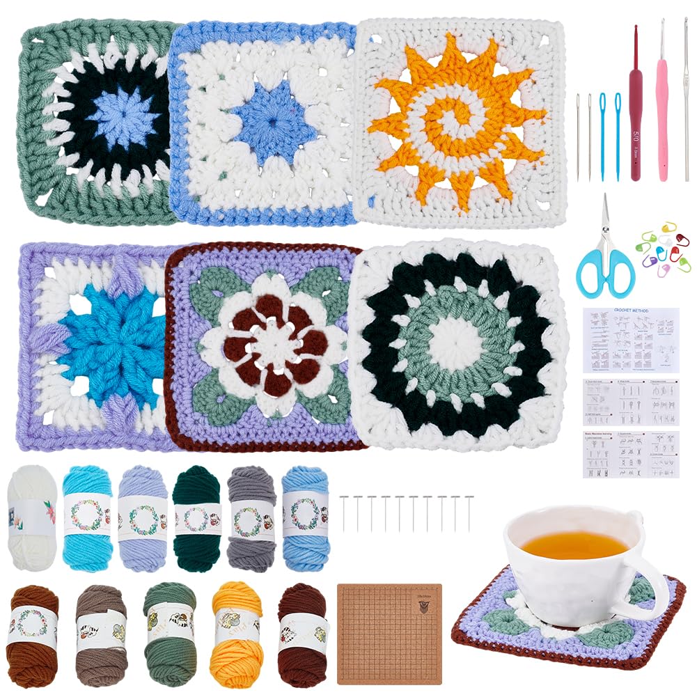 INFUNLY 6 Stil Häkel Set Für Granny Squares Für Anfänger Und Erwachsene DIY Häkelset Mit Blumenquadr
