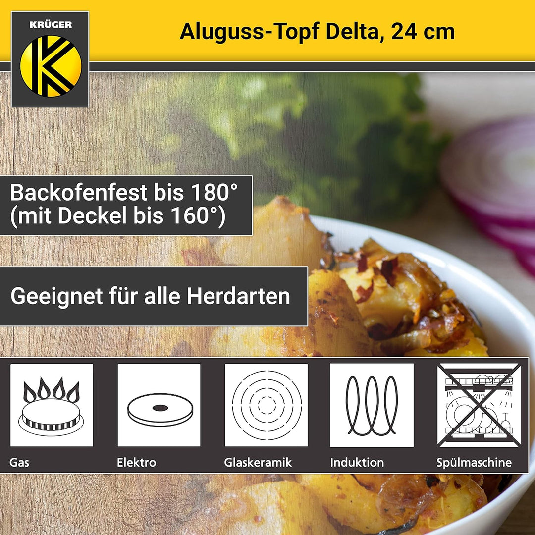 Krüger Aluguss-Topf Delta mit Glasdeckel - 24 cm - Kochtopf für gesunde & fettarme Speisen - geeigne