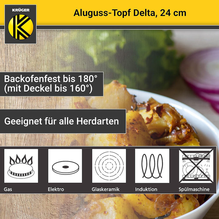 Krüger Aluguss-Topf Delta mit Glasdeckel - 24 cm - Kochtopf für gesunde & fettarme Speisen - geeigne