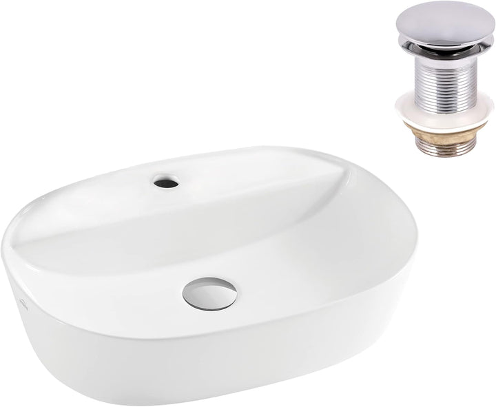 VBChome Waschbecken 50 x 38 cm Keramik Weiss Oval Pop-up ventil Click-Clack Waschtisch Handwaschbeck