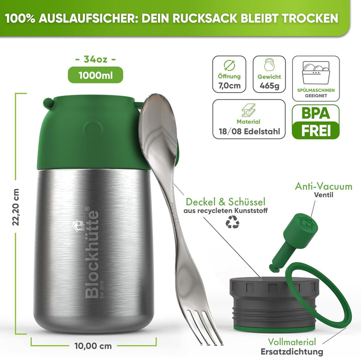 Blockhütte Edelstahl Thermobehälter I 1L l Essen warmhalten Behälter, auslaufsicher I Thermos Essens