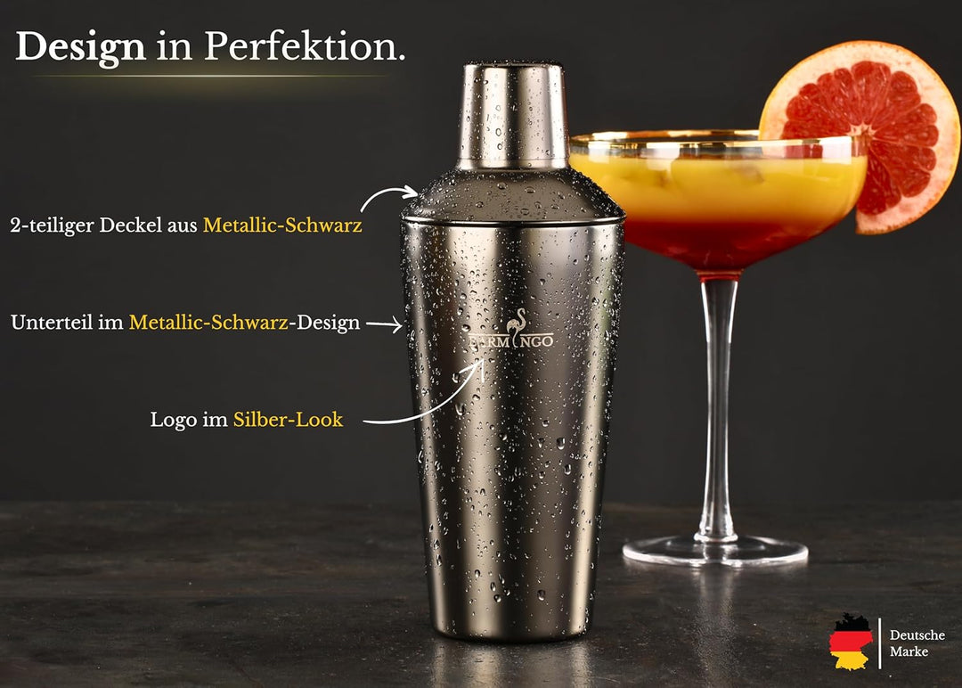 BARMINGO® Edelstahl Cocktail Set 11tlg. – 700 ml Cocktail Shaker Set mit Ständer und Bar Zubehör, Co