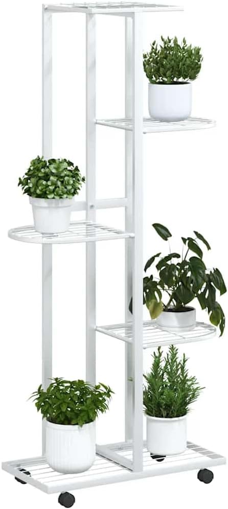 Blumenständer 5-Etagen mit Rollen aus pulverbeschichtetem Weissem Eisen 44x23x100 cm, Pflanzenregal