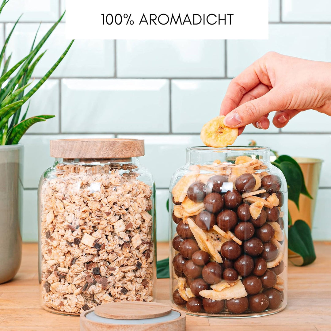 Econovo® Vorratsgläser mit Deckel (2-teilig) 1200ml, Vorratsdosen aus Glas mit Holzdeckel luftdicht,