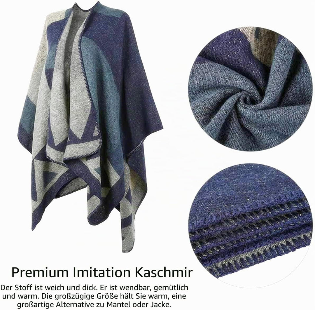 Shmily Girl - Damen Poncho Habe Gestrickt Überdimensionalen Decke Kap-Schal A - Marineblaue Blockfar
