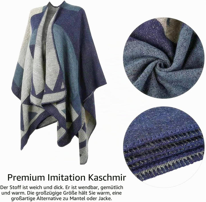 Shmily Girl - Damen Poncho Habe Gestrickt Überdimensionalen Decke Kap-Schal A - Marineblaue Blockfar