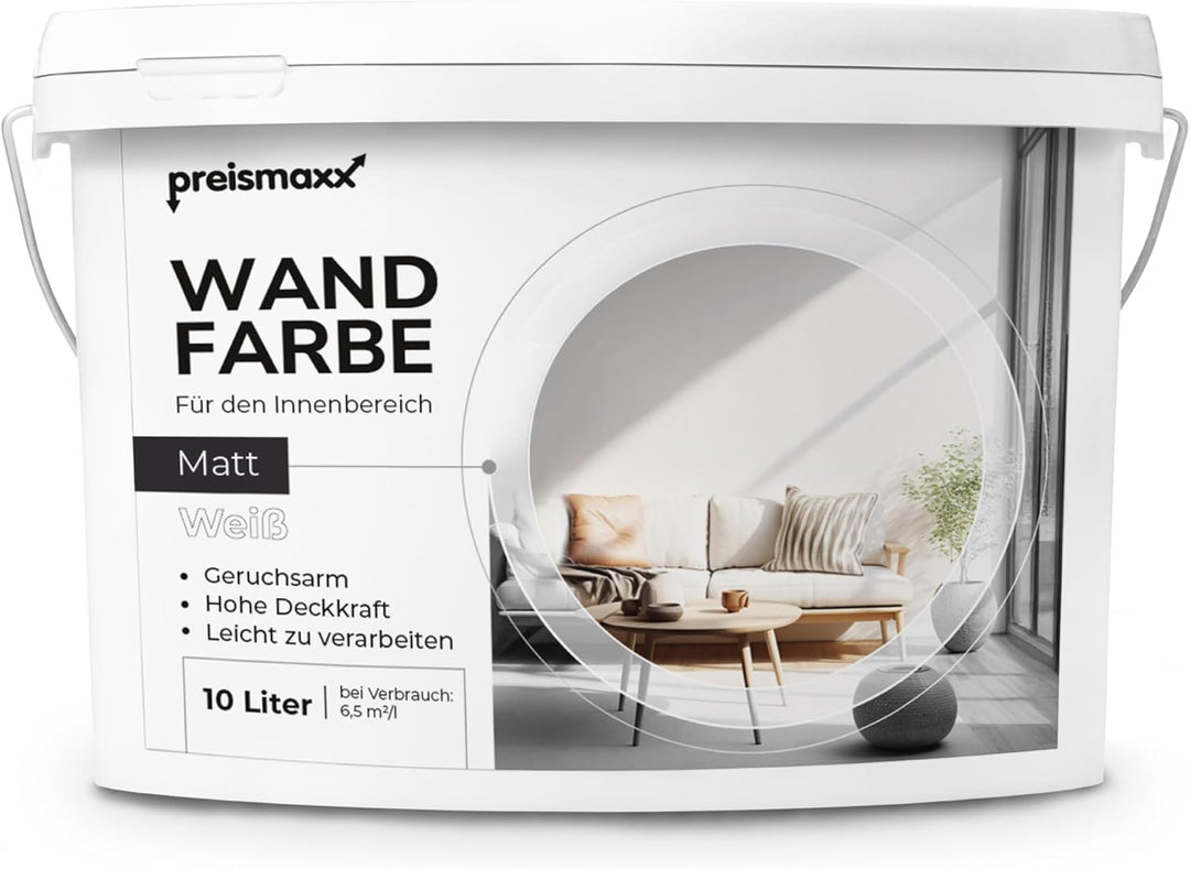 Preismaxx profi wandfarbe weiss hohe Deckkraft, Innenfarbe weiss, Klasse 2, matt, 10 Liter, ProfiWei