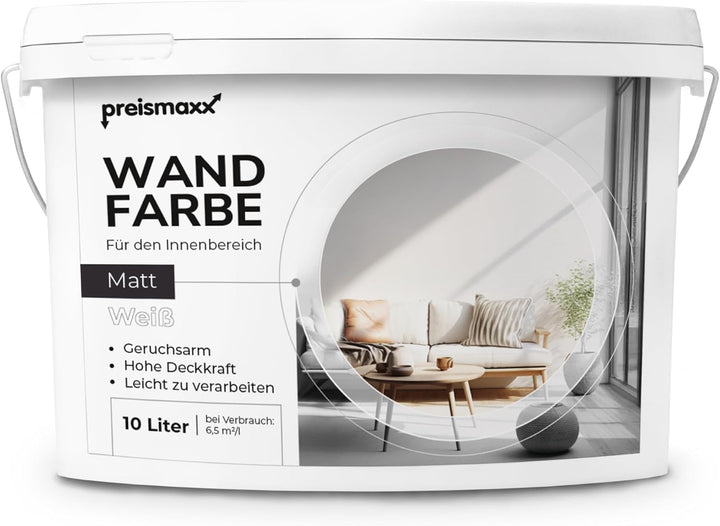 Preismaxx profi wandfarbe weiss hohe Deckkraft, Innenfarbe weiss, Klasse 2, matt, 10 Liter, ProfiWei