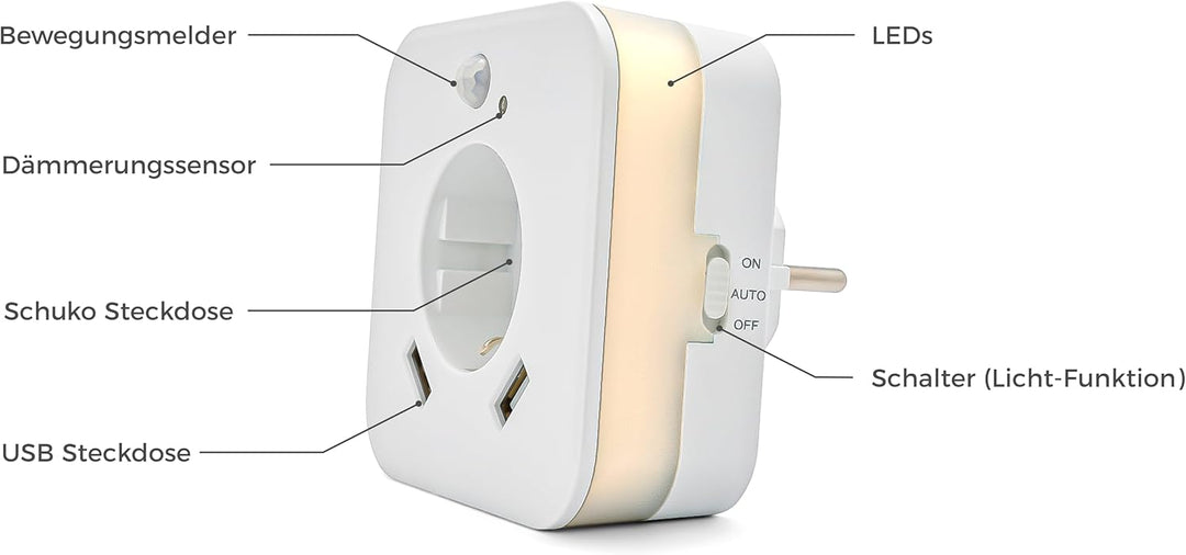 smrter LED-Nachtlicht mit Bewegungsmelder und Steckdose, 2x USB 2.4A, weiss, automatischer Lichtsens