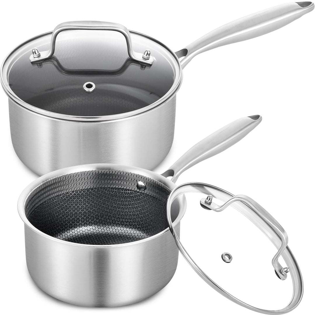 LOLYKITCH Edelstahl Kochtopf 16+18cm mit Deckel, Antihaft Stielkasserolle, Topfset, Kochtopf Indukti
