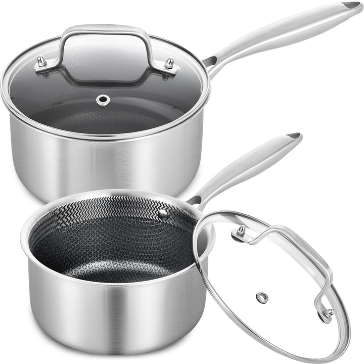 LOLYKITCH Edelstahl Kochtopf 16+18cm mit Deckel, Antihaft Stielkasserolle, Topfset, Kochtopf Indukti