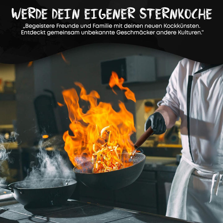 Wokpfanne + Abdeckung für jeden Herd (32 cm gross) handgehämmerte Wok Pfanne aus Karbonstahl mit Hol
