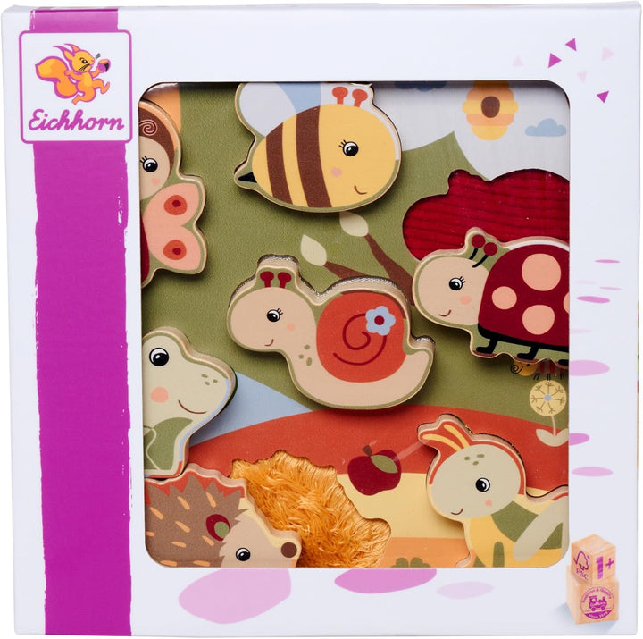 Eichhorn – Stoff Fühlpuzzle mit 7 Tieren und unterschiedlichen Textilelementen, fördert die Feinmoto