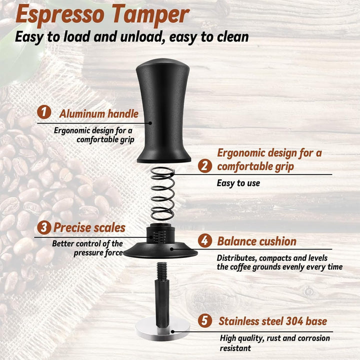 Kaffee Tamper 58mm mit Silikonpad - Espresso Stampfer Edelstahl Kalibriert mit Feder für 58mm Siebtr