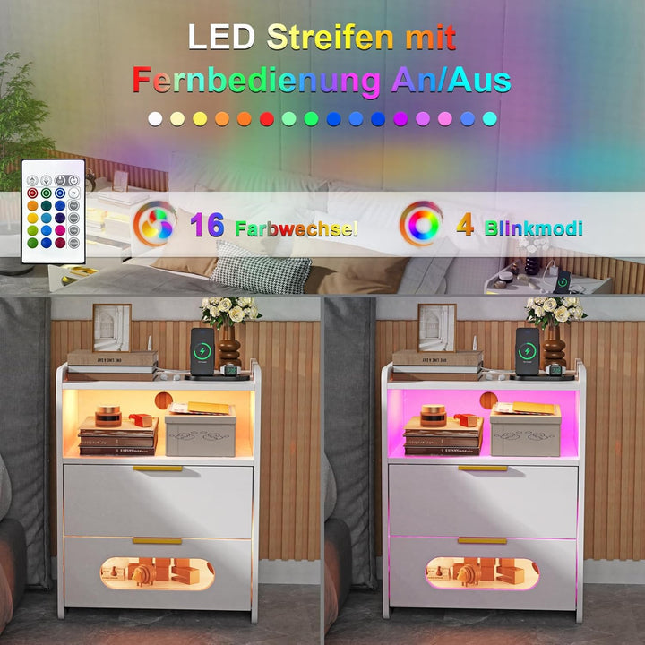 Led Nachttisch mit Ladestation, Nachtschrank mit Steckdose & USB-Anschlüssen, Nachttisch mit Offene